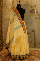 Pearl / Off White plain chettinad cotton saree with ganga jamuna border  in maroon and black, beautiful peacock motifs woven in Jari on both the borders